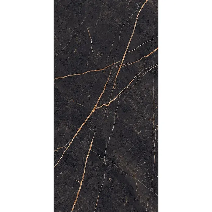 Feinsteinzeug in Saint Laurent glänzender Marmoroptik 60x120 -  - Dunkle schwarze Marmorfliese mit feinen goldenen und weißen Adern, ideal für elegante Boden- oder Wandflächen.