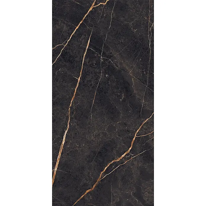 Feinsteinzeug in Saint Laurent glänzender Marmoroptik 60x120 -  - Elegante schwarze Marmorfliese mit auffälligen goldenen und subtilen weißen Adern.