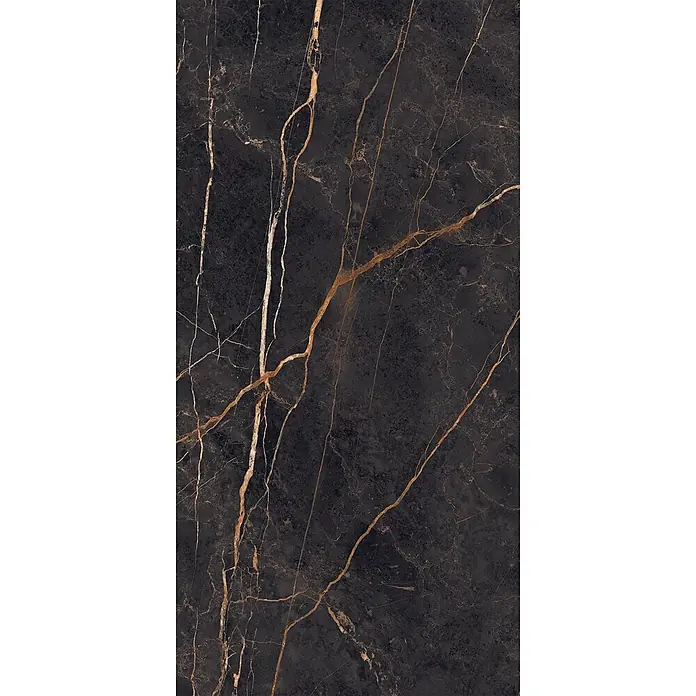 Feinsteinzeug in Saint Laurent glänzender Marmoroptik 60x120 -  - Dunkle schwarze Marmorplatte mit eleganten goldenen und helleren Adern für anspruchsvolle Oberflächen.
