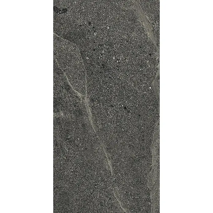 Feinsteinzeug-Fliese in dezenter schwarzer Steinoptik 30x60 - Ital. Fliesen -  - Dunkelgraue, gesprenkelte Stein- oder Betontextur mit helleren Äderungen.