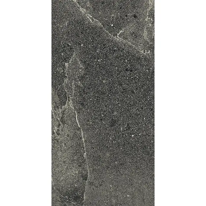 Feinsteinzeug-Fliese in dezenter schwarzer Steinoptik 30x60 - Ital. Fliesen -  - Dunkelgraue, körnige Stein- oder Betonoberfläche mit subtilen helleren Maserungen.