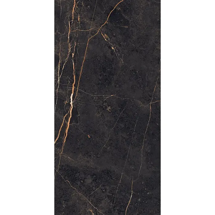 Feinsteinzeug in Saint Laurent glänzender Marmoroptik 60x120 -  - Dunkler Marmor mit auffälligen goldenen und dezenten weißen Äderungen, ideal für elegante Oberflächen.