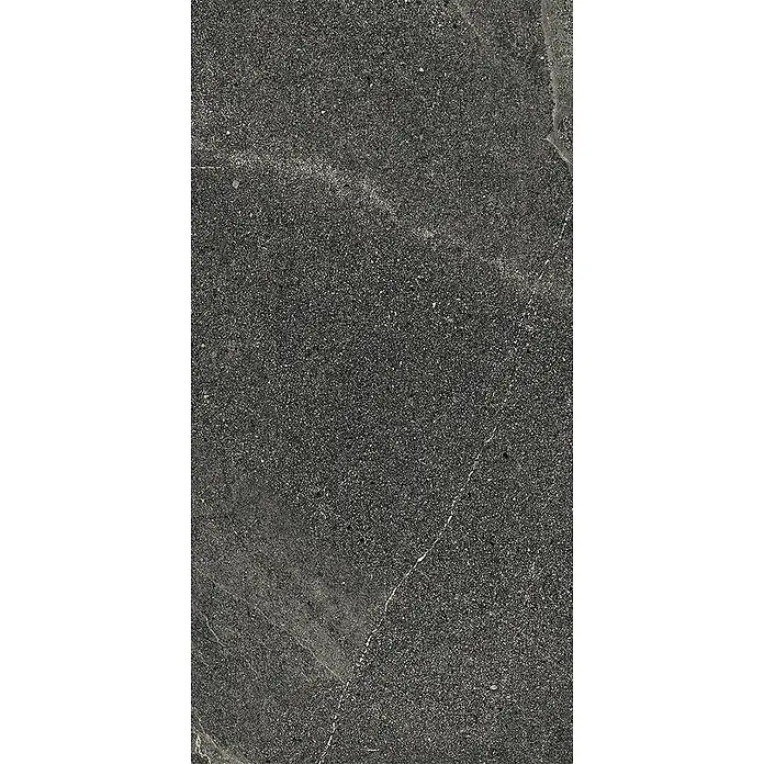 Feinsteinzeug-Fliese in dezenter schwarzer Steinoptik 30x60 - Ital. Fliesen -  - Dunkelgraue, körnige Steinstruktur mit subtilen helleren Äderungen.