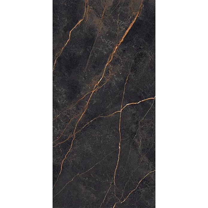 Feinsteinzeug in Saint Laurent glänzender Marmoroptik 60x120 -  - Dunkle Marmorplatte mit goldenen Adern.
