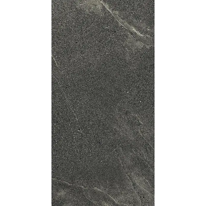 Feinsteinzeug-Fliese in dezenter schwarzer Steinoptik 30x60 - Ital. Fliesen -  - Dunkelgraue Steinplatte mit feiner Sprenkelung und heller, unregelmäßiger Maserung.