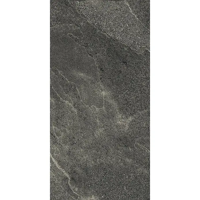 Feinsteinzeug-Fliese in dezenter schwarzer Steinoptik 30x60 - Ital. Fliesen -  - Dunkelgraue, texturierte Fliese in Steinoptik mit helleren Äderungen und gesprenkelten Bereichen.