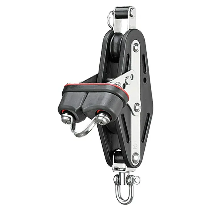 Sprenger Großschotblock - 12 mm, 2 Rollen, Gleitlager, Schotklemme HT 13, Hundsfott - Nahaufnahme eines modernen Segelblocks mit Umlenkrollen. Das Gerät ist robust und für hohe Belastungen beim Segeln ausgelegt.