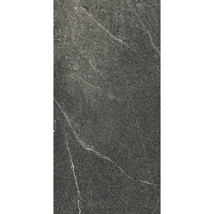 Feinsteinzeug-Fliese in dezenter schwarzer Steinoptik 30x60 - Ital. Fliesen -  - Dunkelgraue Steinoberfläche mit körniger Textur und deutlichen, unregelmäßigen hellen Adern.