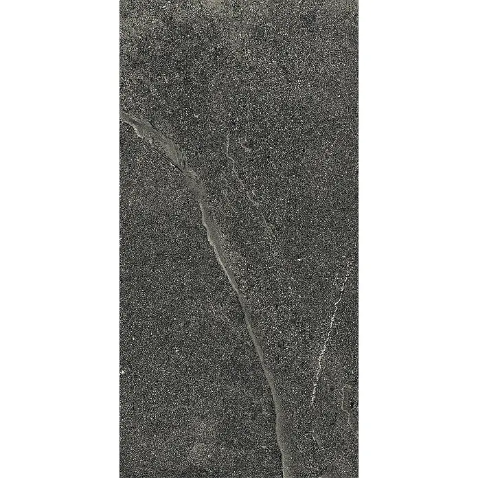 Feinsteinzeug-Fliese in dezenter schwarzer Steinoptik 30x60 - Ital. Fliesen -  - Dunkelgrauer gesprenkelter Stein oder Fliese mit hellen Adern, ideal für moderne Oberflächen.
