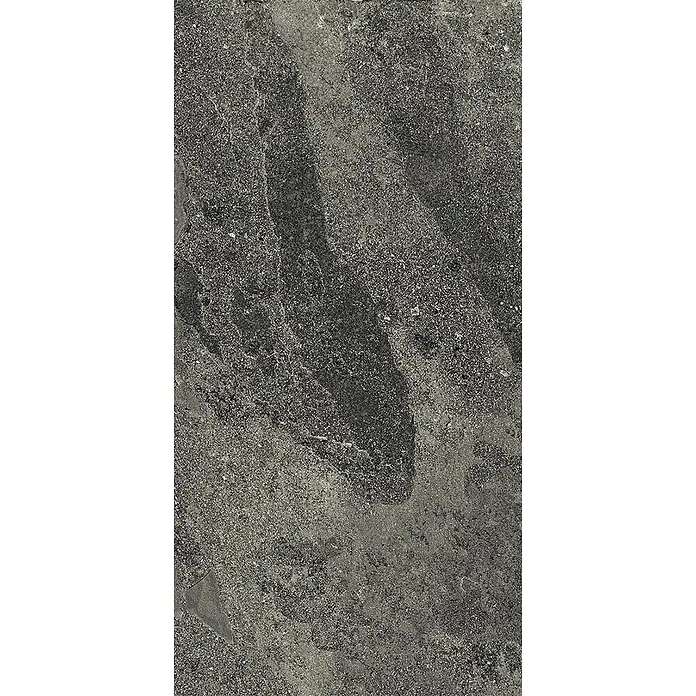 Feinsteinzeug-Fliese in dezenter schwarzer Steinoptik 30x60 - Ital. Fliesen -  - Dunkelgraue, körnige Steinstruktur mit melierten Mustern für Oberflächen.