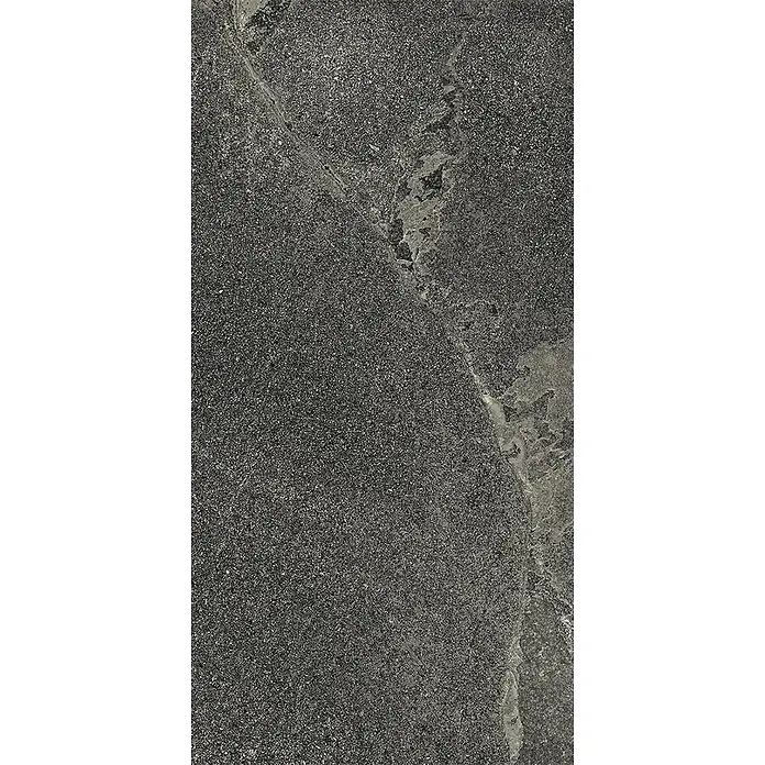 Feinsteinzeug-Fliese in dezenter schwarzer Steinoptik 30x60 - Ital. Fliesen -  - Dunkelgraue gesprenkelte Steinoberfläche mit unregelmäßigen helleren Äderungen.