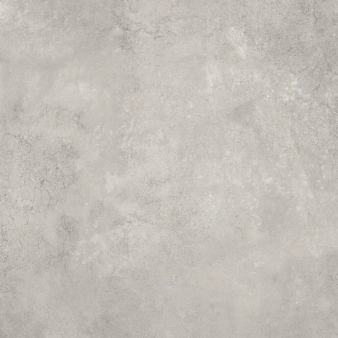 Feinsteinzeug in gewachster hellgrauer Betonoptik 80x80 - Ital. Fliesen -  - Helle grau Beton- oder Zementtextur mit feinen Rissen und Variationen, geeignet für moderne Böden oder Wände.