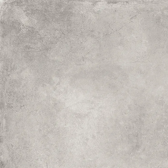 Feinsteinzeug in gewachster hellgrauer Betonoptik 80x80 - Ital. Fliesen -  - Hellgraue Betontextur mit feinen Rissen und Nuancen.