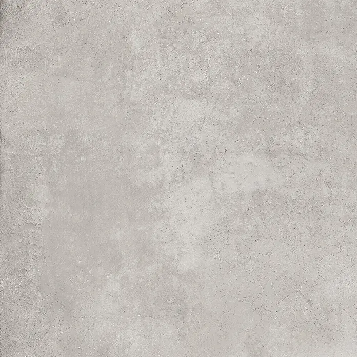 Feinsteinzeug in gewachster hellgrauer Betonoptik 80x80 - Ital. Fliesen -  - Hellgraue Betontextur mit feinen Rissen und subtilen Farbvariationen, ideal für moderne Oberflächen.
