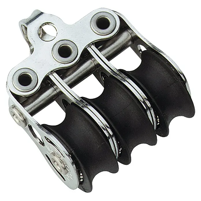 Sprenger Micro-XS-Block - 6 mm, Mit Bügel, Kugellager, 3 Rollen - Dreifacher Segelblock aus Edelstahl mit schwarzen Rollen für Segelboote und Yachten. Ideal für Umlenkungen und präzise Trimmung.