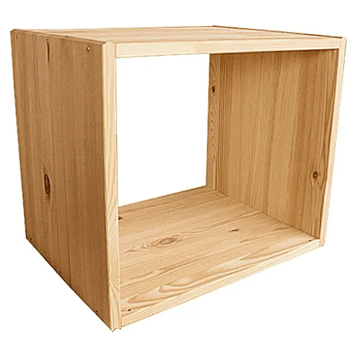 Regalux Regalwürfel - 45,6 x 35 x 39 cm, Nadelholz - Ein quadratisches, hölzernes Regal mit einer offenen Vorderseite, ideal für die Aufbewahrung und Präsentation von Gegenständen.