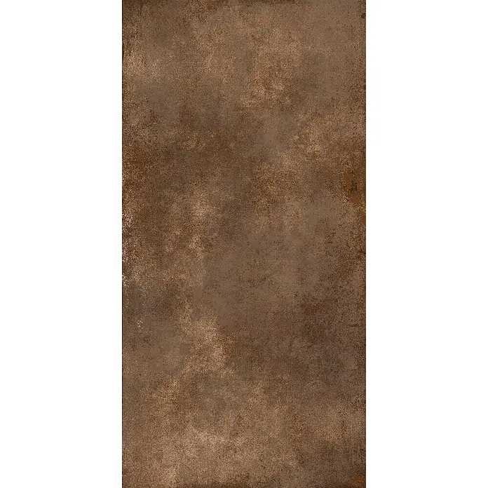 Feinsteinzeug in Corten-oxidierter Metalloptik 60x120 - Ital. Fliesen -  - Dunkelbraune, texturierte Oberfläche, die an gealtertes Metall oder oxidiertes Material erinnert.