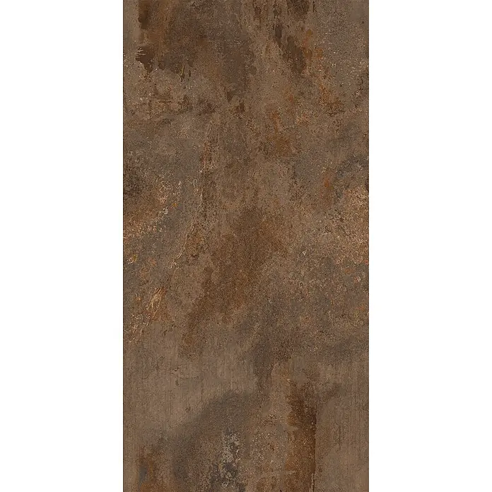 Feinsteinzeug in Corten-oxidierter Metalloptik 60x120 - Ital. Fliesen -  - Dunkelbraune Texturfliese mit verwittertem, rostigem Metall- oder Steineffekt.