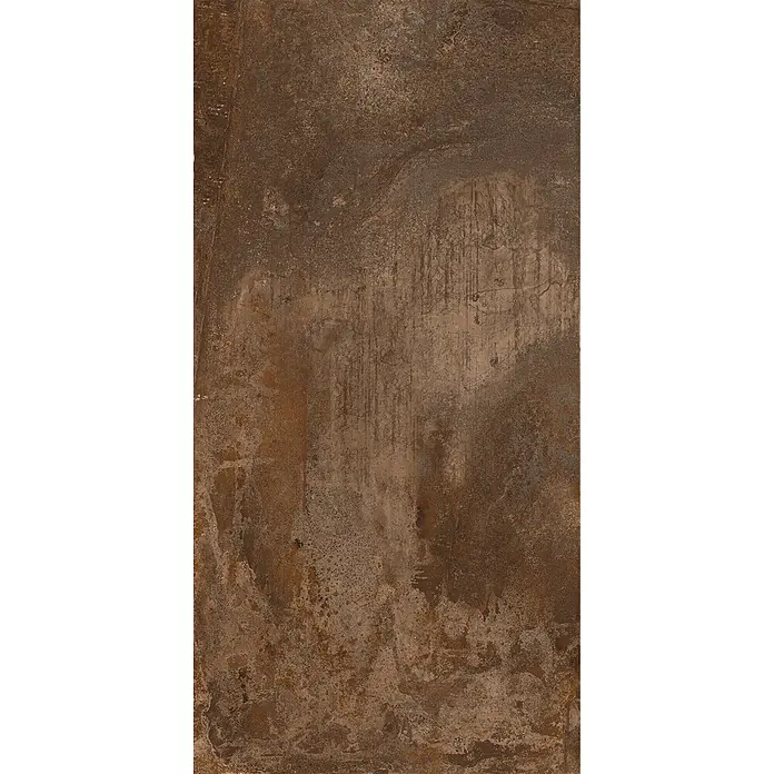 Feinsteinzeug in Corten-oxidierter Metalloptik 60x120 - Ital. Fliesen -  - Rustikale, dunkelbraune und rostfarbene Textur, die oxidiertem Metall oder gealtertem Stein ähnelt.