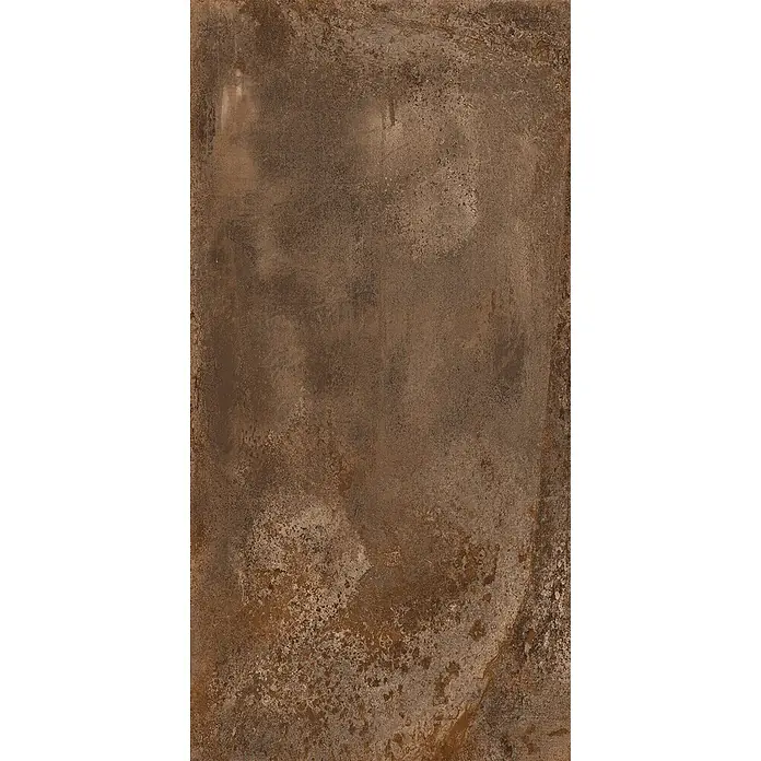 Feinsteinzeug in Corten-oxidierter Metalloptik 60x120 - Ital. Fliesen -  - Dunkelbraune, abgenutzte Oberfläche mit rostiger Metalltextur.