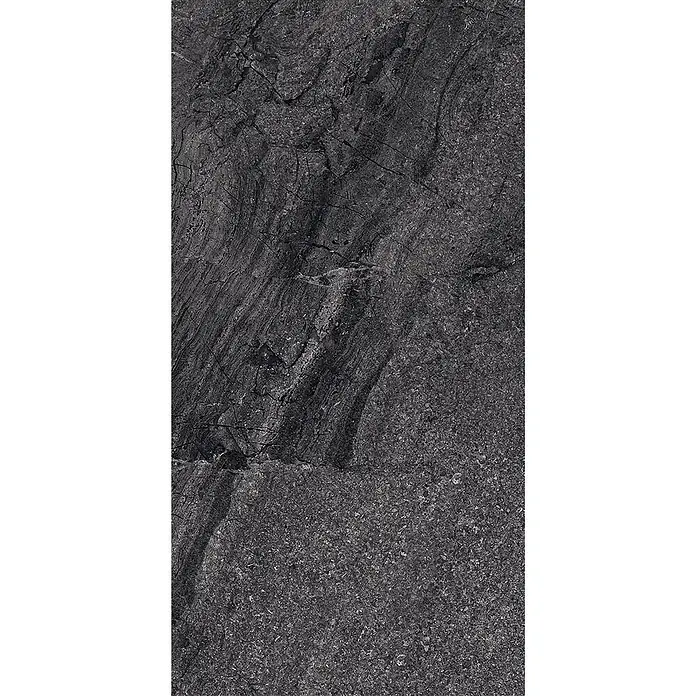Feinsteinzeug in matter anthrazitfarbener Steinoptik 30x60 - Ital. Fliesen -  - Dunkelgraue Naturstein-Textur mit rauer, gesprenkelter Oberfläche.