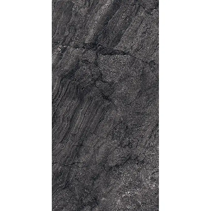 Feinsteinzeug in matter anthrazitfarbener Steinoptik 30x60 - Ital. Fliesen -  - Dunkelgraue, texturierte Natursteinoberfläche mit subtilen Mustern und unregelmäßigen Rissen, ideal für Boden- oder Wandverkleidungen.