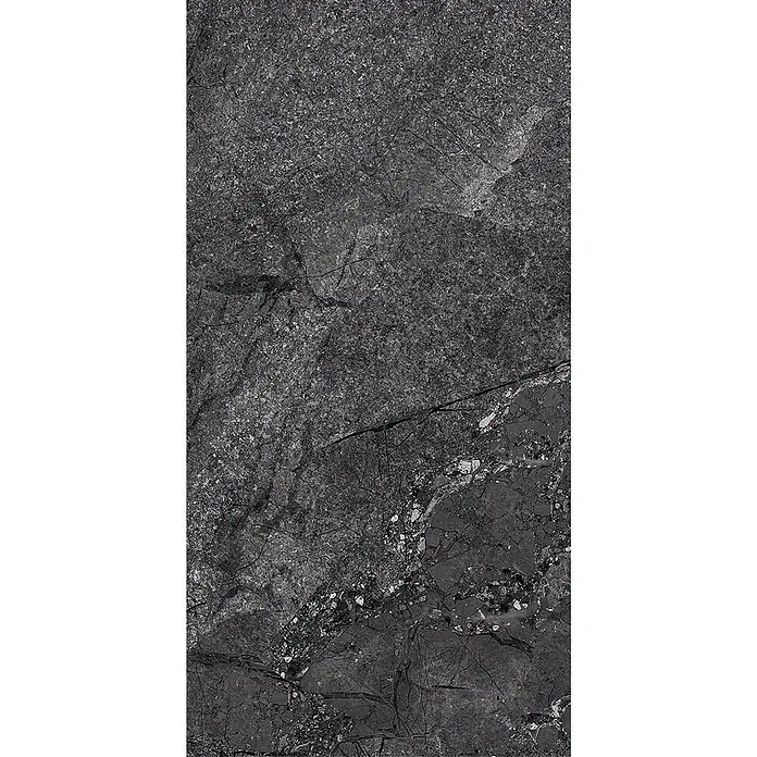 Feinsteinzeug in matter anthrazitfarbener Steinoptik 30x60 - Ital. Fliesen -  - Dunkelgraue Natursteinplatte mit variabler Textur und weißen kristallinen Einschlüssen.