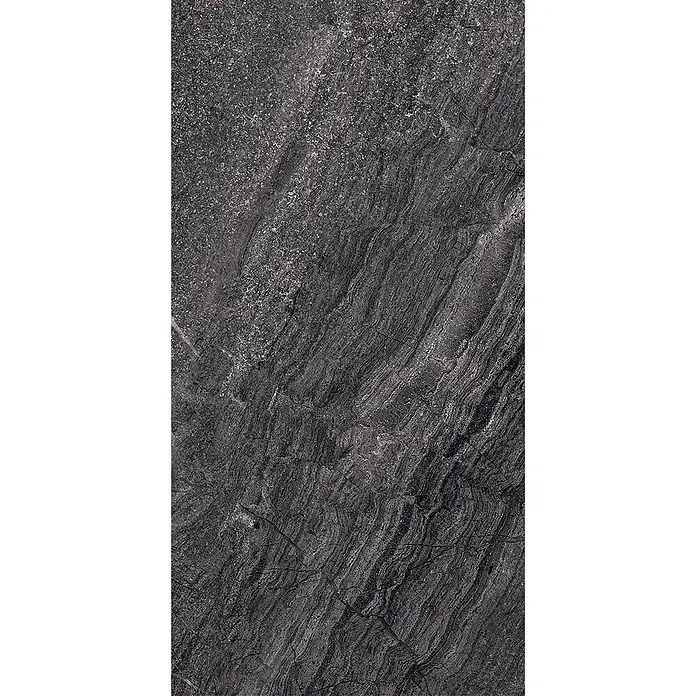 Feinsteinzeug in matter anthrazitfarbener Steinoptik 30x60 - Ital. Fliesen -  - Texturierte dunkelgraue Natursteinfliese mit ausgeprägter Äderung und Sprenkeln.