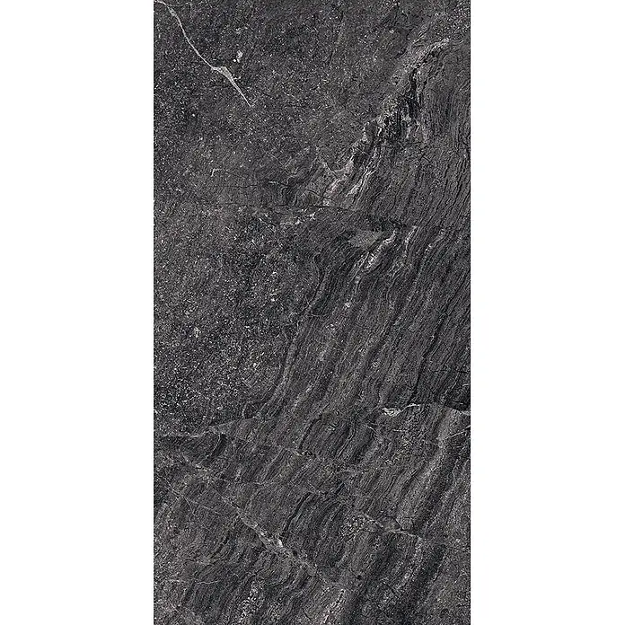 Feinsteinzeug in matter anthrazitfarbener Steinoptik 30x60 - Ital. Fliesen -  - Dunkelgraue Steintextur mit helleren Adern und natürlichen Variationen, geeignet für Oberflächen.