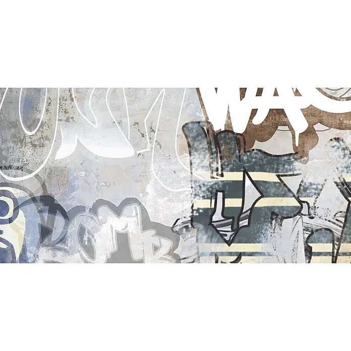 Dekorierte Graffiti-Feinsteinzeug Wandfliese in Grau 60x120, Ret -  - Geschichtete Graffiti-Kunst mit abstrakten Formen und Schriftzügen auf strukturierter Wand. Gedeckte Blau-, Grau-, Weiß-, Braun- und Cremestreifen.
