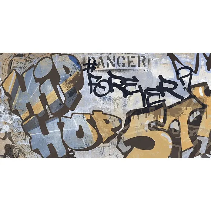 Dekorierte Graffiti-Feinsteinzeug Wandfliese in Grau 60x120, Ret -  - Buntes Graffiti mit 'HIP HOP', 'DANGER' und '#FOREVER' auf einer abgenutzten Wand.