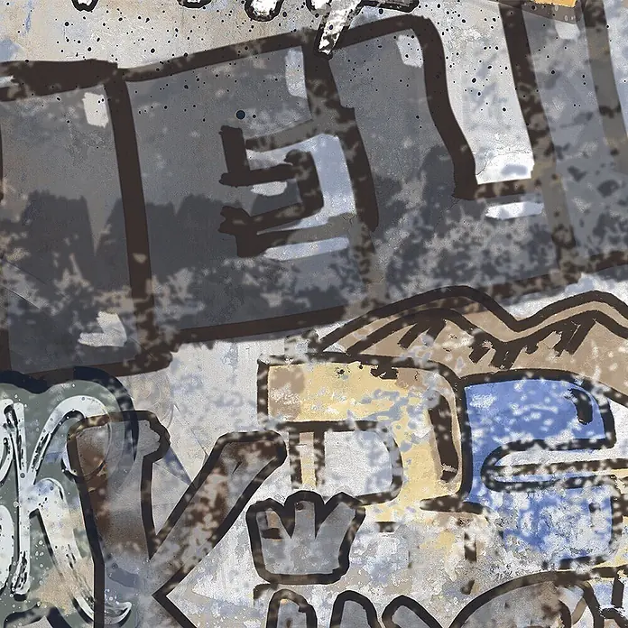 Dekorierte Graffiti-Feinsteinzeug Wandfliese in Grau 60x120, Ret -  - Abstrakte Graffiti-Kunst mit blockigen Formen, dicken Umrissen und gedeckten Farben wie Grau, Blau und Gelb auf einer strukturierten Wand.