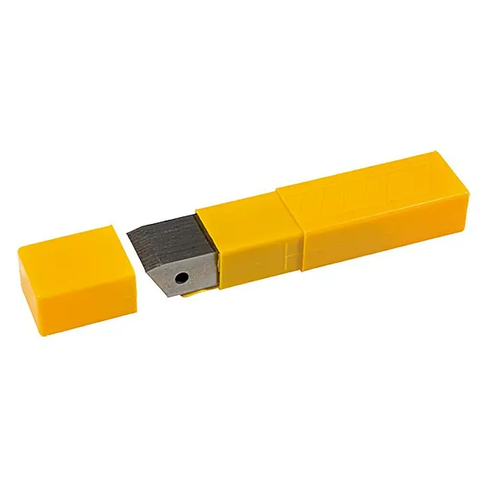 Wisent Abbrechklinge AB 50 - Klingenbreite: 18 mm - Ein gelber Behälter mit trapezförmigen Klingen für Bastelmesser. Ideal für präzise Schnitte in Papier, Karton und andere Materialien.