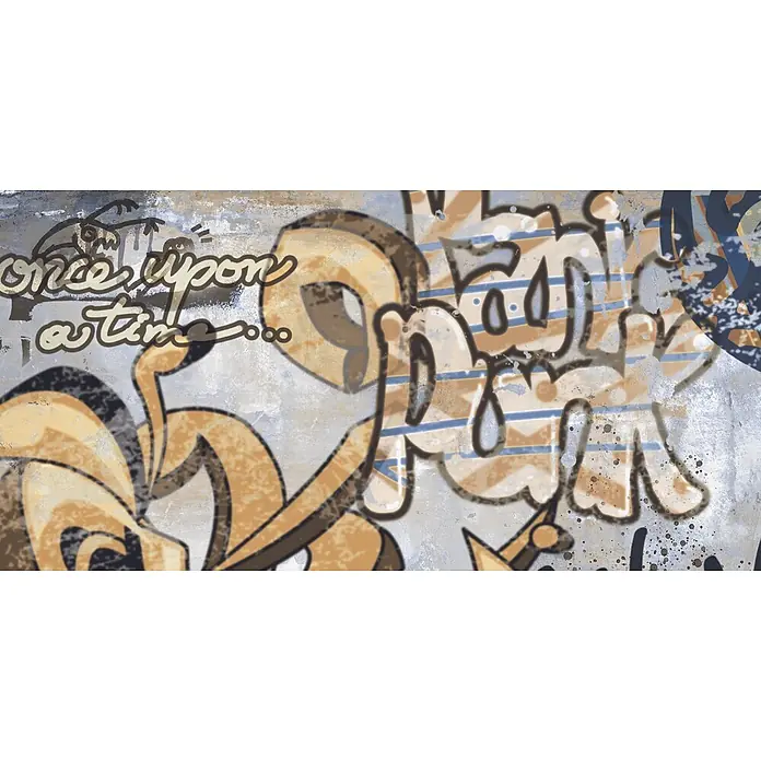 Dekorierte Graffiti-Feinsteinzeug Wandfliese in Grau 60x120, Ret -  - Graffiti-Wandgemälde mit "Once upon a time..."-Text, abstrakten Formen und Mustern auf einer verwitterten Wand.