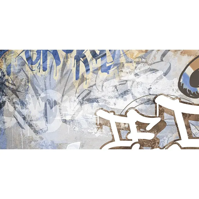 Dekorierte Graffiti-Feinsteinzeug Wandfliese in Grau 60x120, Ret -  - Detaillierte urbane Graffiti-Kunst auf einer texturierten Wand, mit Schichten aus blauem, braunem und weißem Sprühfarben mit Tropfen und Grunge-Effekten.