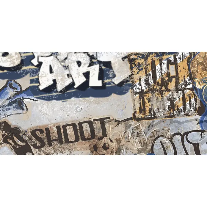 Dekorierte Graffiti-Feinsteinzeug Wandfliese in Grau 60x120, Ret -  - Graffiti-Stil-Grafik mit „ART“, „SHOOT“, „ROCK LEGEND“, Fußball, Spieler-Silhouette auf verwittertem Hintergrund.