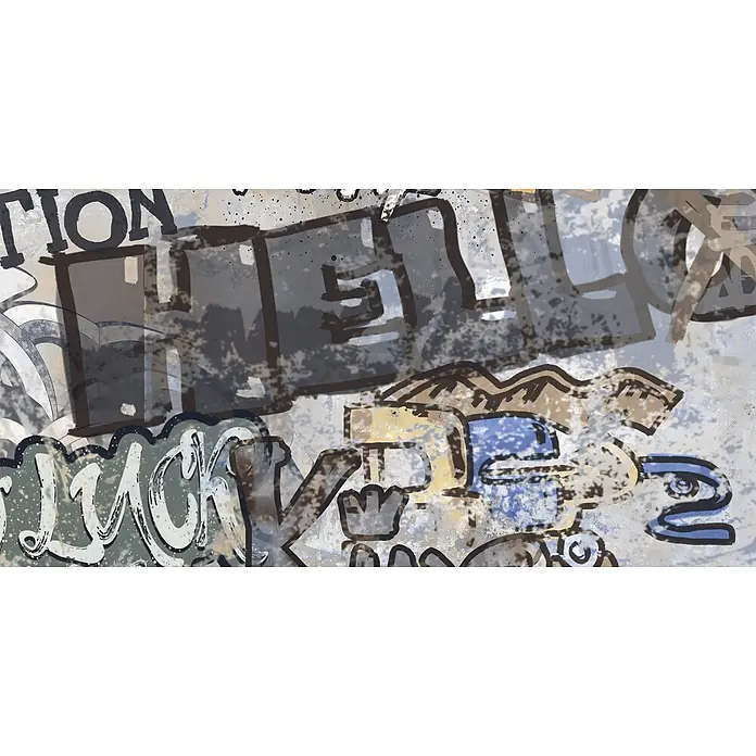 Dekorierte Graffiti-Feinsteinzeug Wandfliese in Grau 60x120, Ret -  - Strukturierter Grunge-Hintergrund mit überlappender Graffiti-Kunst, abstrakten Formen und Teilwörtern in gedeckten Farben.