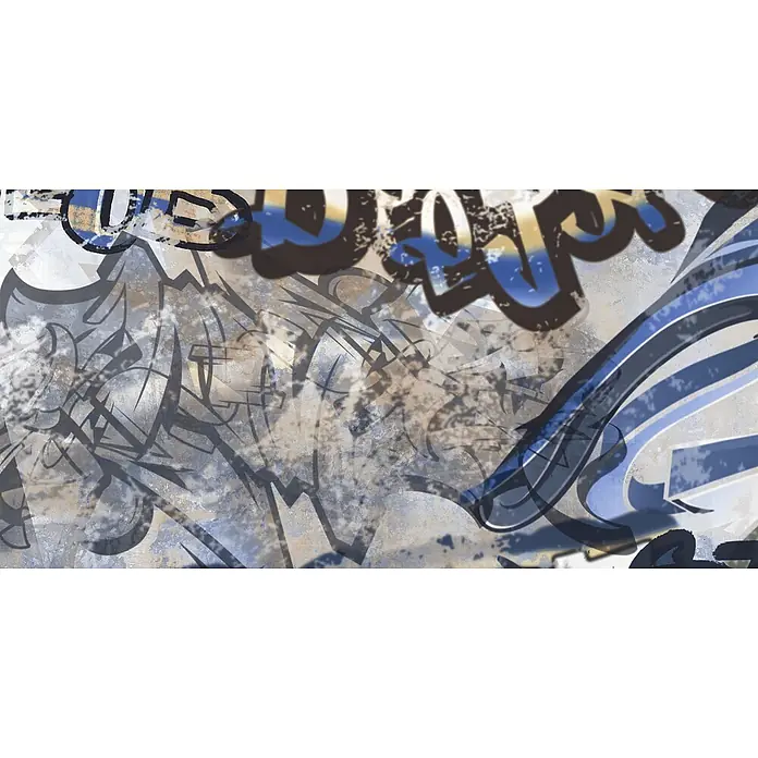 Dekorierte Graffiti-Feinsteinzeug Wandfliese in Grau 60x120, Ret -  - Abstraktes Graffiti-Hintergrundbild mit dynamischen, geschichteten Formen und Text in Blau, Grau und Braun mit Grunge-Textur.