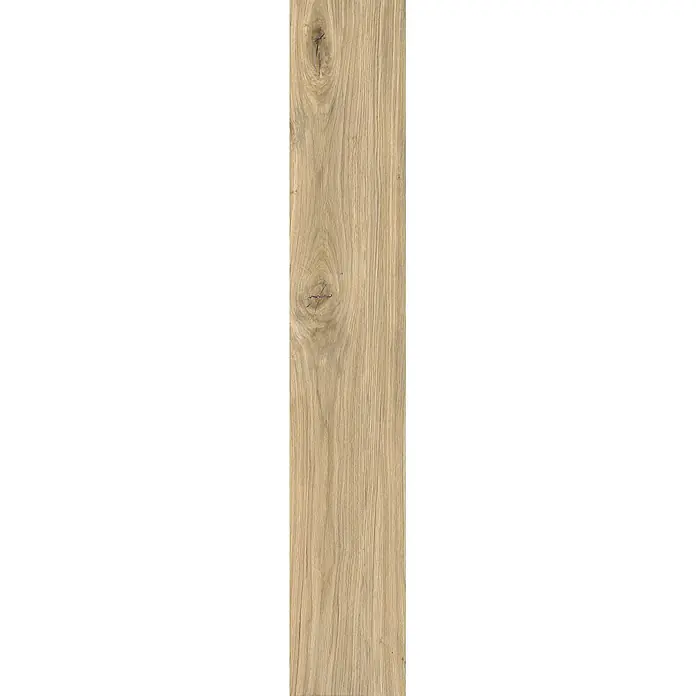Feinsteinzeug in antiker honig Holzoptik 20x120 - Italienische Fliesen -  - Helle Eichenholzplatte mit sichtbarer Maserung und Ästen, geeignet für Böden oder Wandverkleidungen.