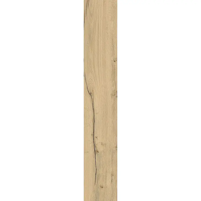 Feinsteinzeug in antiker honig Holzoptik 20x120 - Italienische Fliesen -  - Helles Holzbrett mit natürlicher Maserung und dunklem Riss, geeignet für Boden- oder Wandverkleidung.