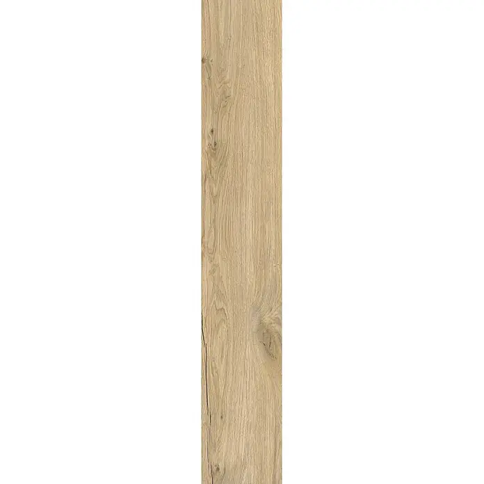 Feinsteinzeug in antiker honig Holzoptik 20x120 - Italienische Fliesen -  - Helles braunes Holzpaneel mit ausgeprägter Maserung, natürlichen Ästen und einem vertikalen Riss.