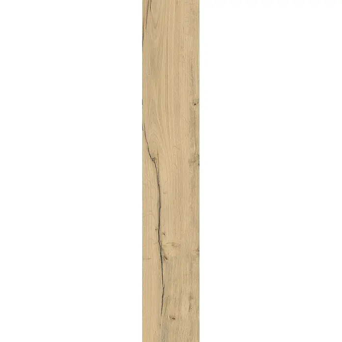 Feinsteinzeug in antiker honig Holzoptik 20x120 - Italienische Fliesen -  - Helle Holztextur mit ausgeprägter natürlicher Maserung und einem dunklen, vertikalen Riss. Ideal für Böden oder Paneele.