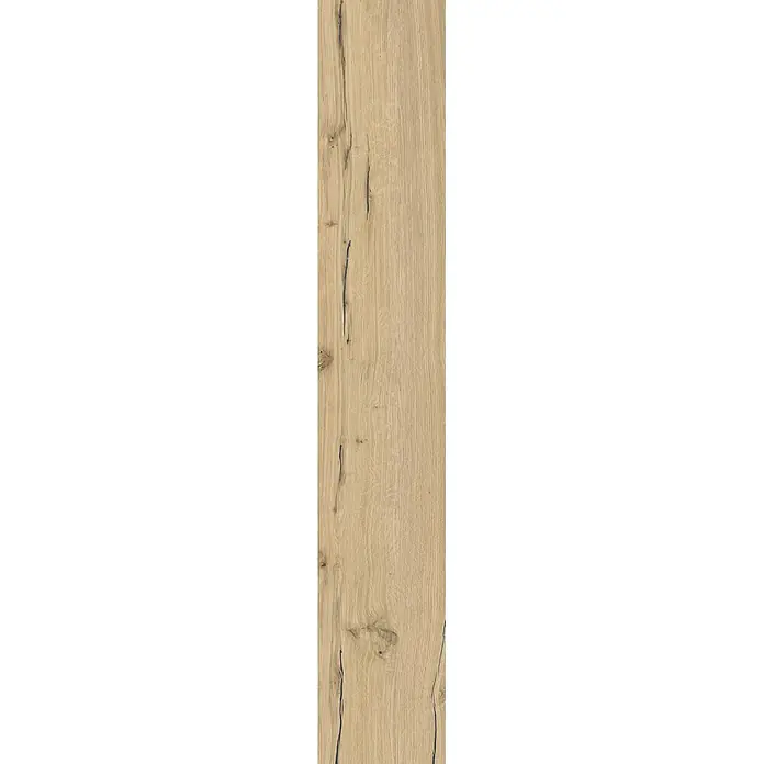 Feinsteinzeug in antiker honig Holzoptik 20x120 - Italienische Fliesen -  - Helle Holzplatte mit natürlicher Maserung und dunklen Rissen.