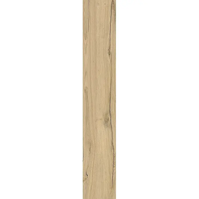 Feinsteinzeug in antiker honig Holzoptik 20x120 - Italienische Fliesen -  - Helle Holzdiele mit ausgeprägter Maserung, natürlichen Ästen und dunklen Rissen, ideal für Boden oder Möbel.