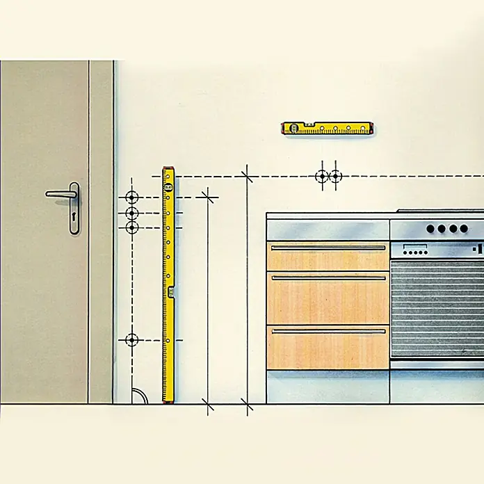 Stabila Wasserwaage Typ 70 electric - Länge: 43 cm, Anzahl Libellen: 2 Stk. - Eine Küchenplanungsskizze zeigt Details wie Türposition und Küchenmöbel mit Wasserwaage und Messlinien für die Installation.