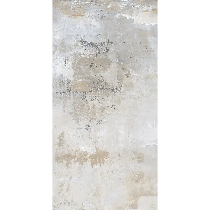 Feinsteinzeug in industrieller grauer Betonoptik 60x120 - Ital. Fliesen -  - Abstrakte, verwitterte Betontextur in Weiß, Grau und Beige mit dunkleren Used-Flecken.