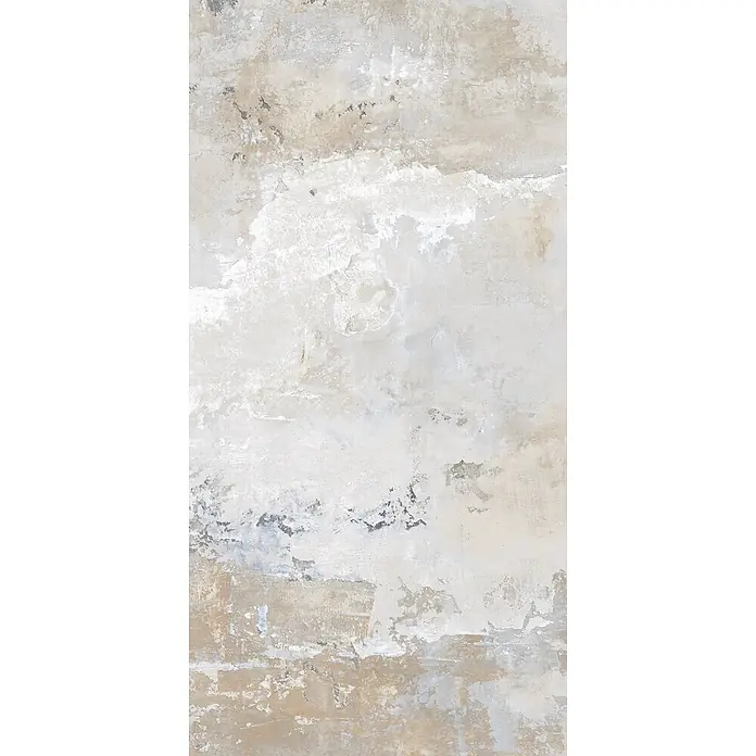 Feinsteinzeug in industrieller grauer Betonoptik 60x120 - Ital. Fliesen -  - Gealterte, hellbeige und cremefarbene Textur mit dezenten Grau- und Blautönen, Beton oder Putz ähnelnd.