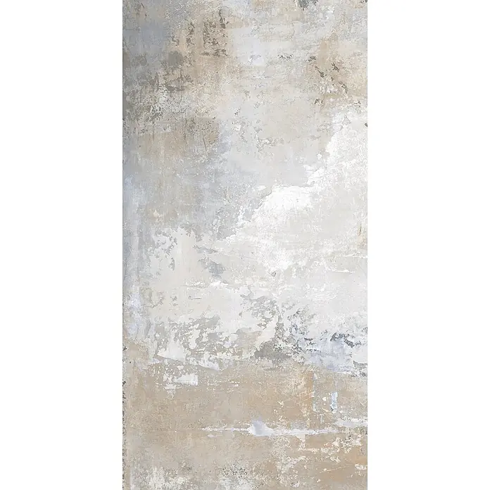 Feinsteinzeug in industrieller grauer Betonoptik 60x120 - Ital. Fliesen -  - Strukturierte Wand- oder Bodenfläche mit Used-Optik in Beige, Grau und Weiß.