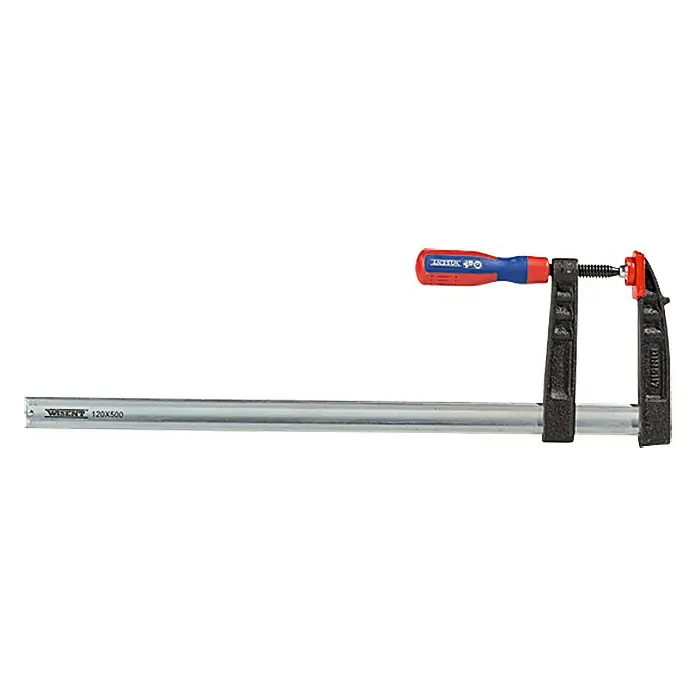 Wisent Sargento - Anchura de sujeción: 500 mm, Apertura máxima: 120 mm - Imagen de un sargento de una mano Wisent, 120x500 mm, con mango azul-rojo y carril gris, ideal para trabajos de madera precisos y sujeción segura.