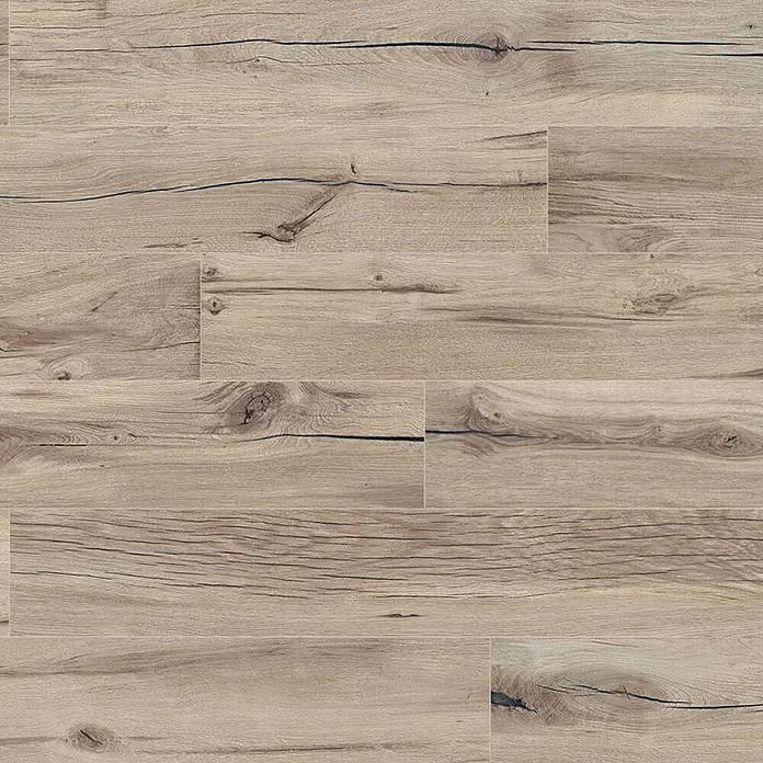 Feinsteinzeug in beiger Invecchiato Dielenoptik Holzoptik 20x120 -  - Rustikale hellbraune Holzoptik-Bodenplanken mit ausgeprägter Maserung und Ästen.